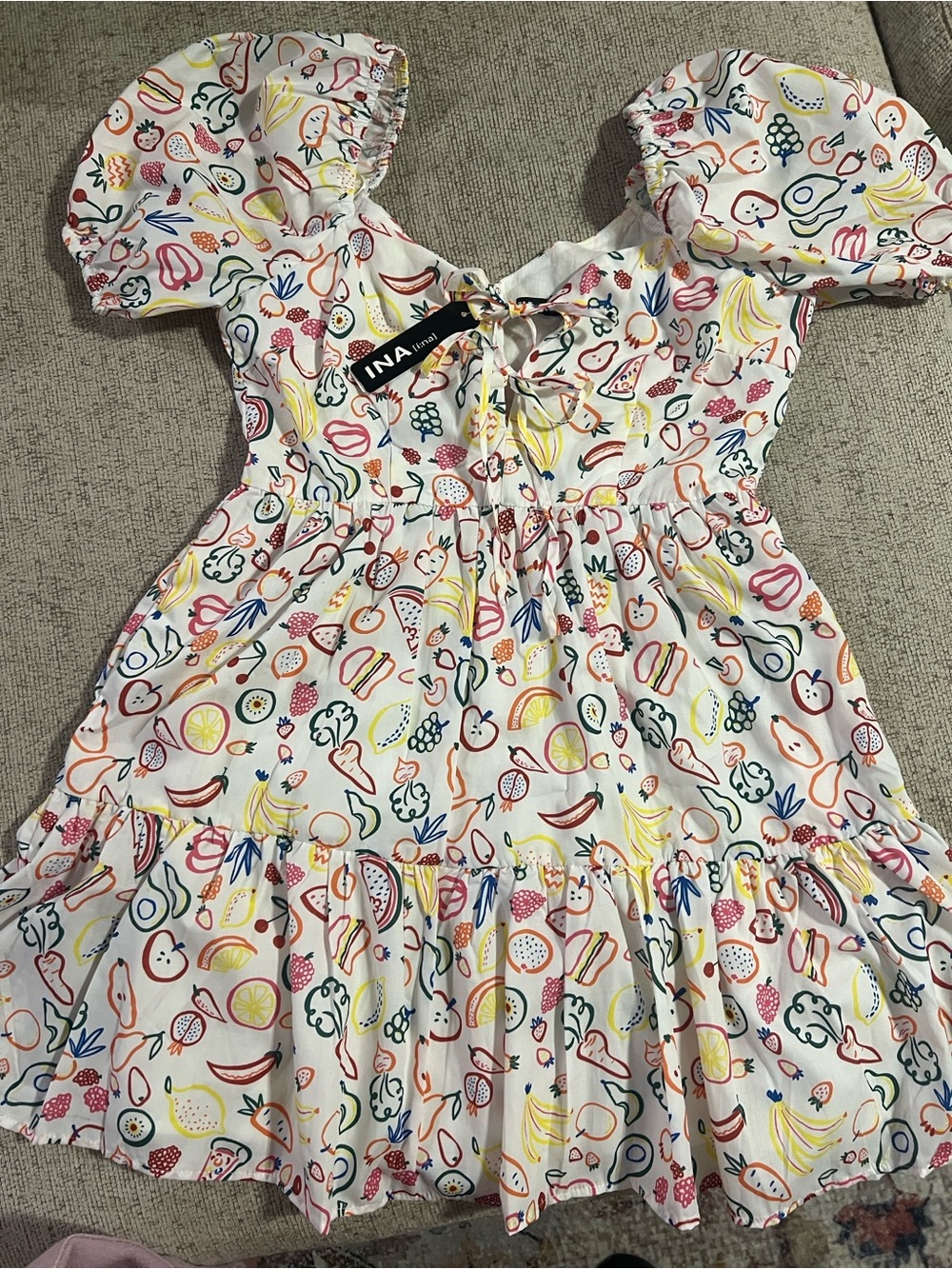 Ina White Dress with Multicolor Fruit Print